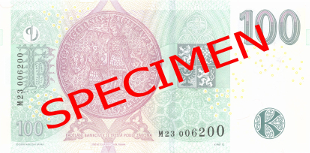 100 Kč – vzor 2018 s přítiskem 100. výročí měnové odluky – rub