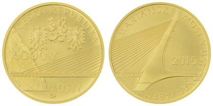 Gold coin Mariánský Bridge in Ústí nad Labem