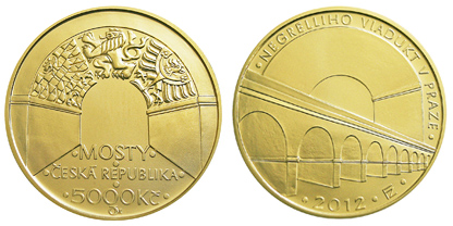 Gold coin Negrelli Viaduct in Prague