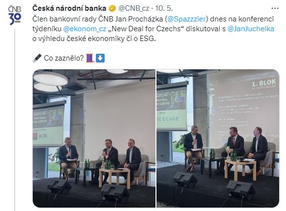 ČNB – Člen bankovní rady ČNB Jan Procházka dnes na konferenci týdeníku Ekonom „New Deal for Czechs“ diskutoval s Janem Juchelkou o výhledu české ekonomiky či o ESG. Co zaznělo?