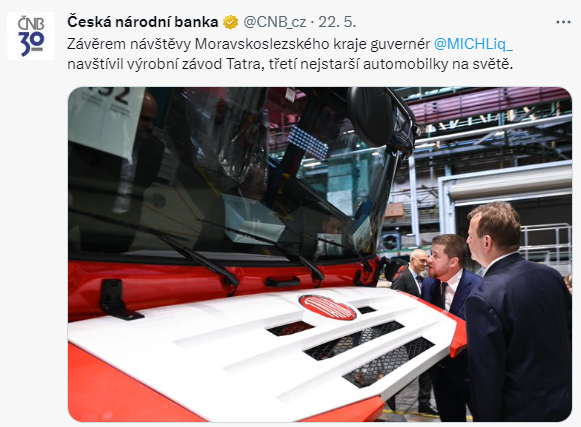 Závěrem návštěvy Moravskoslezského kraje guvernér Aleš Michl navštívil výrobní závod Tatra, třetí nejstarší automobilky na světě.