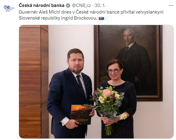 ČNB – Guvernér Aleš Michl dnes v České národní bance přivítal velvyslankyni Slovenské republiky Ingrid Brockovou.