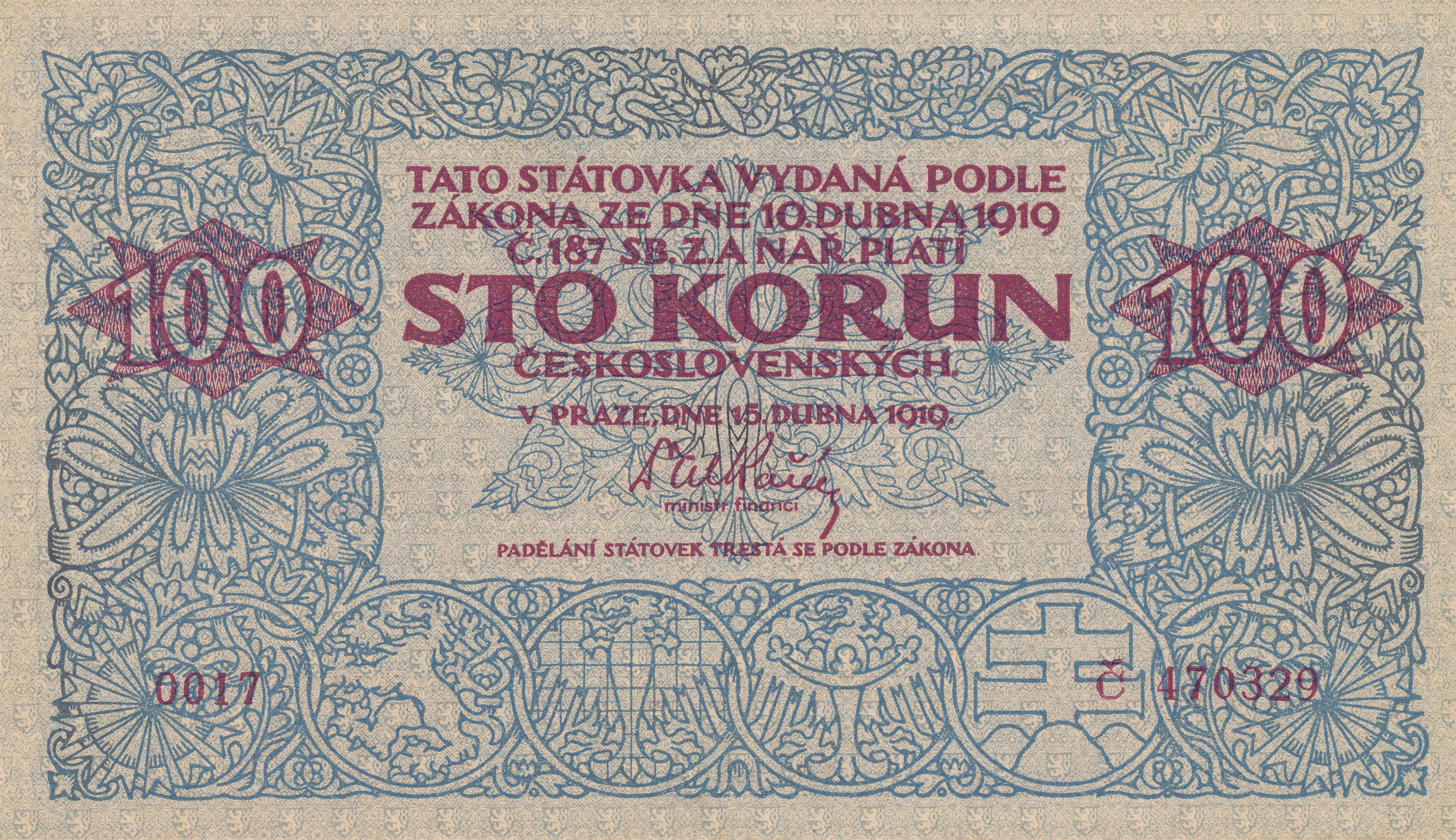 First definitive Czechoslovak 100-koruna treasury note, first issue dated 15 April 1919.