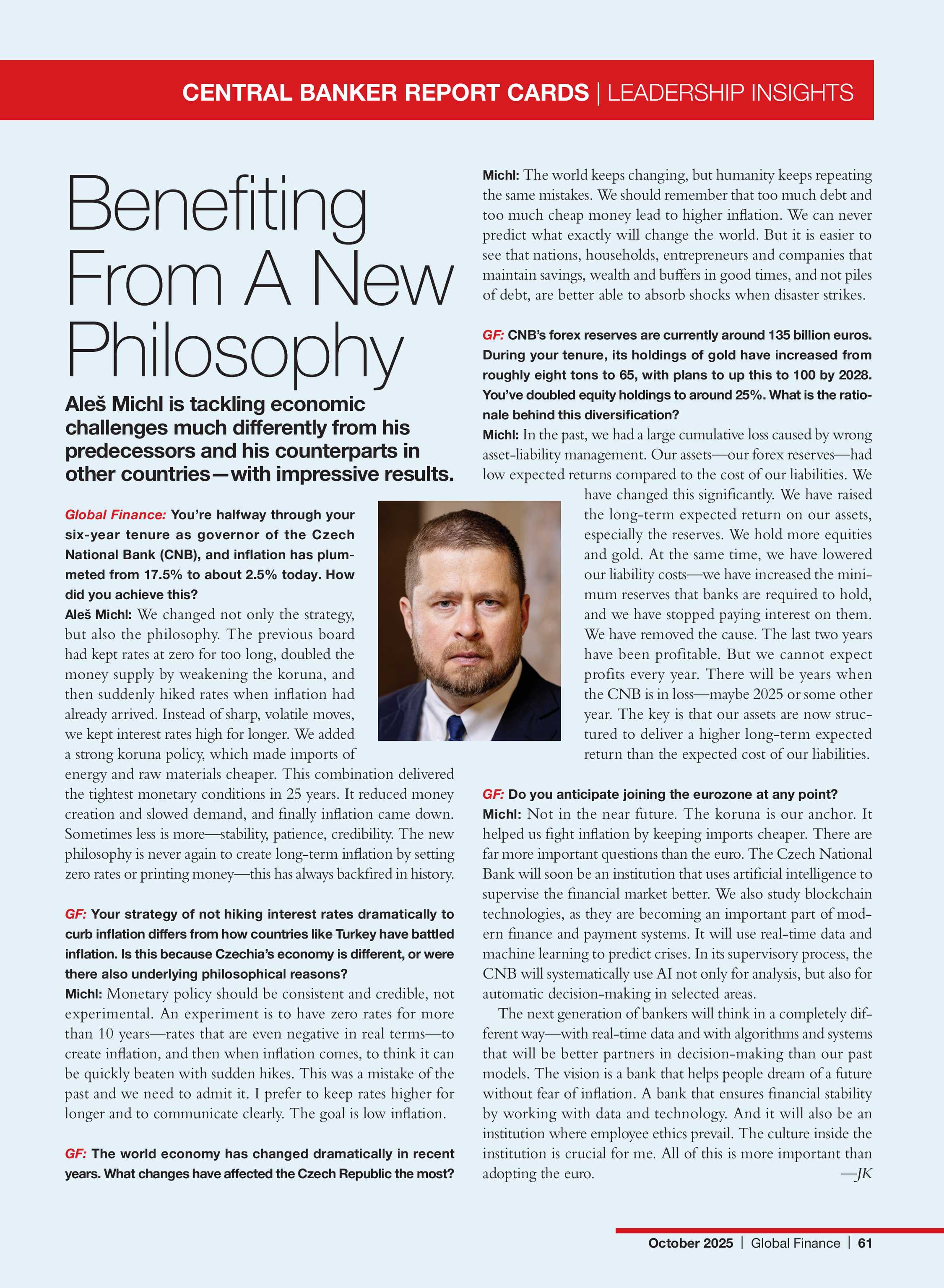 Governor Aleš Michl ranked among the top three central bankers in the EU for 2025 by Global Finance Governor Aleš Michl ranked among the top three central bankers in the EU for 2025 by Global Finance