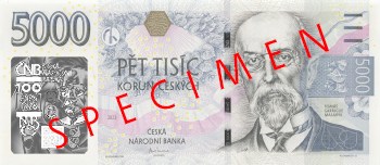 5 000 Kč – vzor 2023 s přítiskem 100. výročí Národní banky Československé – líc 5 000 Kč – vzor 2023 s přítiskem 100. výročí Národní banky Československé –líc