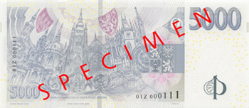 5 000 Kč – vzor 2023 s přítiskem 100. výročí Národní banky Československé – rub 5 000 Kč – vzor 2023 s přítiskem 100. výročí Národní banky Československé – rub