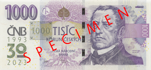 1000 Kč – vzor 2008 s přítiskem 30. výročí ČNB a české měny – líc