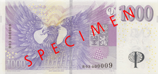 1000 Kč – vzor 2008 s přítiskem 30. výročí ČNB a české měny – rub