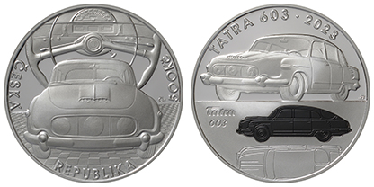 Commemorative silver CZK 500 coin with a “Tatra 603 car” inlay
