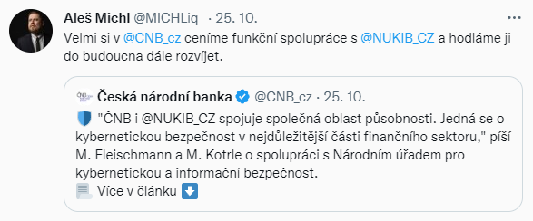 Velmi si v @CNB_cz ceníme funkční spolupráce s @NUKIB_CZ a hodláme ji do budoucna dále rozvíjet.