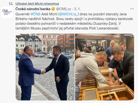 ČNB: Guvernér #ČNB Aleš Michl (@MICHLiq_) dnes na pozvání starosty Jana Birkeho navštívil Náchod. Svou cestu spojil i s prohlídkou výstavy bankovek polsko-českého pohraničí v nedalekém městečku Duszniky-Zdrój. V tamějším Muzeu papírnictví jej přivítal starosta Piotr Lewandowski.
