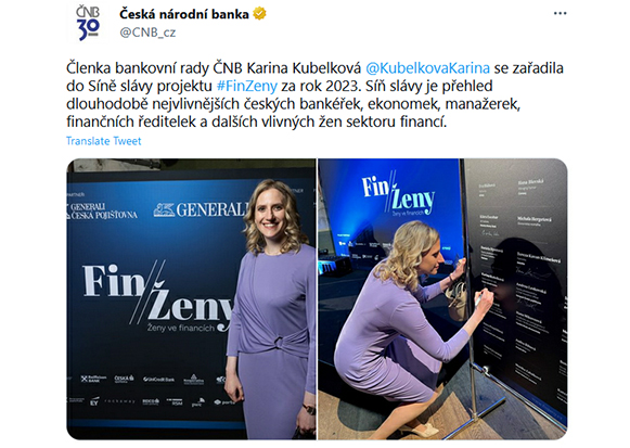 Členka bankovní rady ČNB Karina Kubelková se zařadila do Síně slávy projektu FinZeny za rok 2023. Síň slávy je přehled dlouhodobě nejvlivnějších českých bankéřek, ekonomek, manažerek, finančních ředitelek a dalších vlivných žen sektoru financí.
