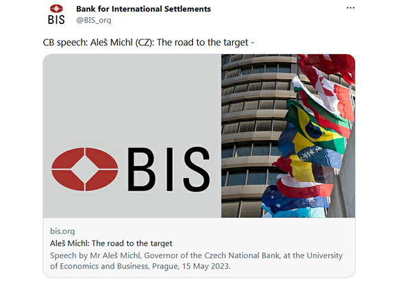 Aleš Michl – The road to the target. Speech by Mr Aleš Michl, Governor of the Czech National Bank, at the University of Economics and Business, Prague, 15 May 2023.