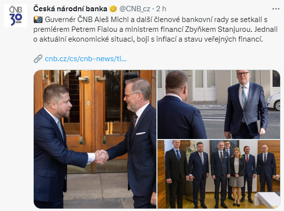 Guvernér ČNB Aleš Michl a další členové bankovní rady se setkali s premiérem Petrem Fialou a ministrem financí Zbyňkem Stanjurou. Jednali o aktuální ekonomické situaci, boji s inflací a stavu veřejných financí.