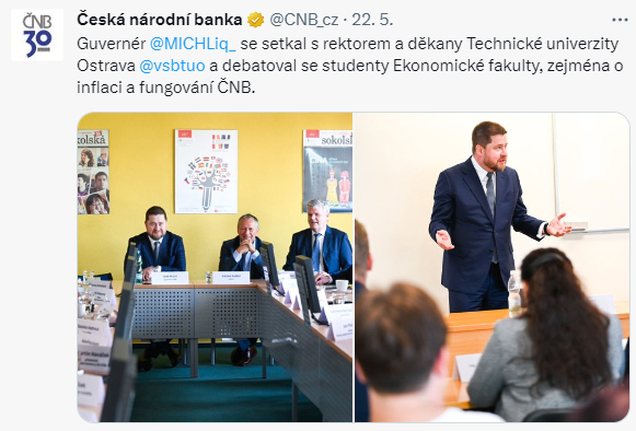 Guvernér Aleš Michl se setkal s rektorem a děkany Technické univerzity Ostrava a debatoval se studenty Ekonomické fakulty, zejména o inflaci a fungování ČNB.