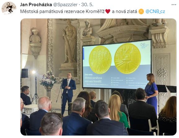 J. Procházka – Městská památková rezervace Kroměříž a nová zlatá mince ČNB.