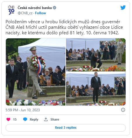 ČNB – Položením věnce u hrobu lidických mužů dnes guvernér ČNB Aleš Michl uctil památku obětí vyhlazení obce Lidice nacisty, ke kterému došlo před 81 lety, 10. června 1942.