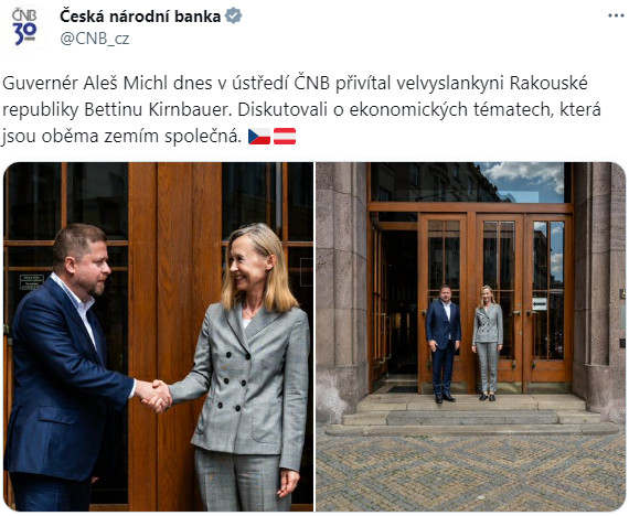 Guvernér Aleš Michl dnes v ústředí ČNB přivítal velvyslankyni Rakouské republiky Bettinu Kirnbauer. Diskutovali o ekonomických tématech, která jsou oběma zemím společná.