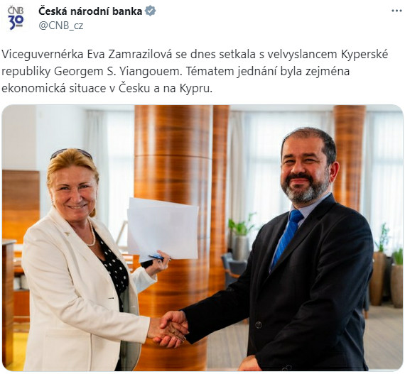Viceguvernérka Eva Zamrazilová se dnes setkala s velvyslancem Kyperské republiky Georgem S. Yiangouem. Tématem jednání byla zejména ekonomická situace v Česku a na Kypru.