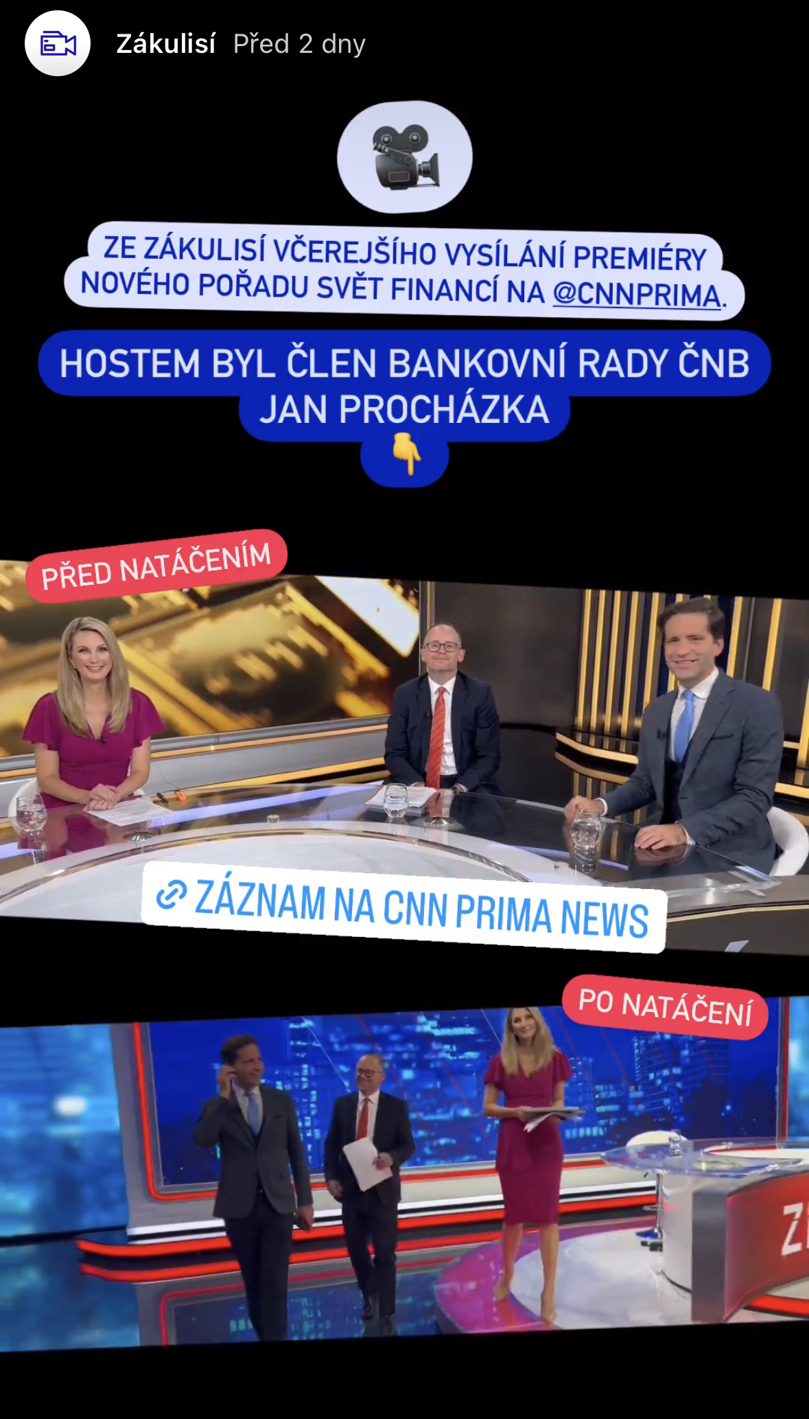 ČNB – Ze zákulisí včerejšího vysílání premiéry nového pořadu Svět financí na CNN Prima News. Hostem byl člen bankovní rady Jan Procházka.
