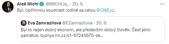 A. Michl (repost E. Zamrazilové): Byl. Upřímnou soustrast rodině za celou @CNB_cz.