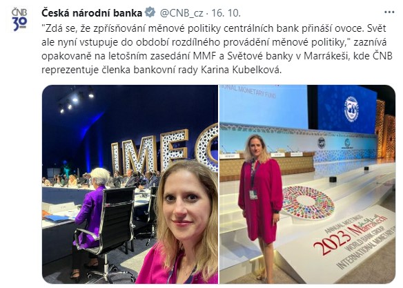 Zdá se, že zpřísňování měnové politiky centrálních bank přináší ovoce. Svět ale nyní vstupuje do období rozdílného provádění měnové politiky, zaznívá opakovaně na letošním zasedání MMF a Světové banky v Marrákeši, kde ČNB reprezentuje členka bankovní rady Karina Kubelková.