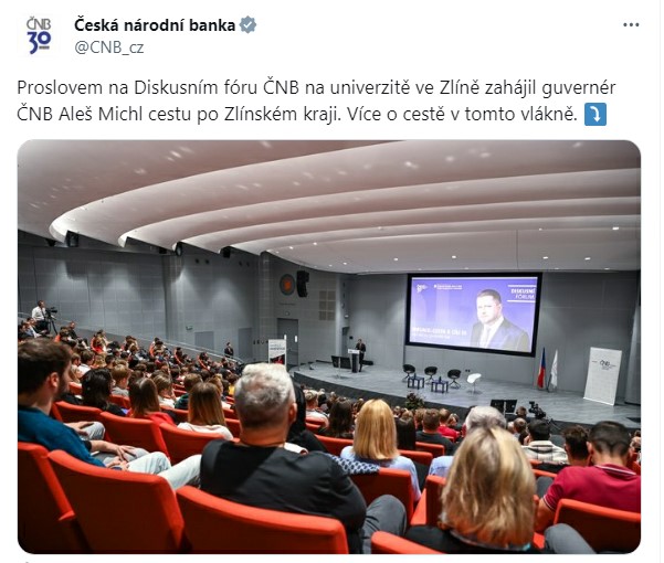 Proslovem na Diskusním fóru ČNB na univerzitě ve Zlíně zahájil guvernér ČNB Aleš Michl cestu po Zlínském kraji. Více o cestě v tomto vlákně
