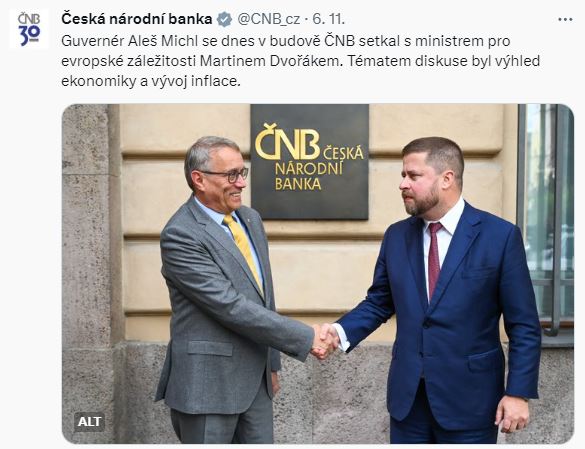 ČNB – Guvernér Aleš Michl se dnes v budově ČNB setkal s ministrem pro evropské záležitosti Martinem Dvořákem. Tématem diskuse byl výhled ekonomiky a vývoj inflace.