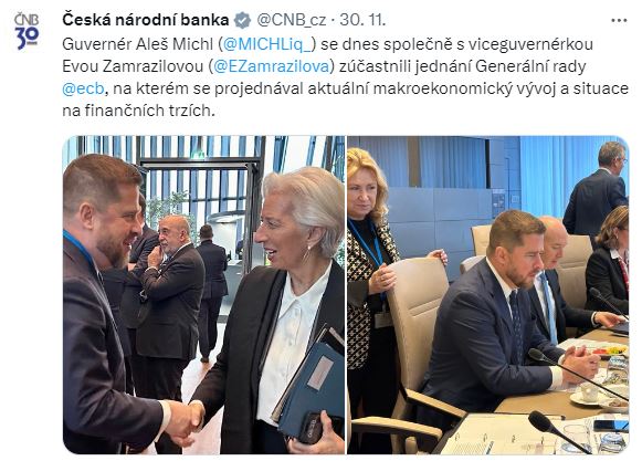 ČNB: Guvernér Aleš Michl se dnes společně s viceguvernérkou Evou Zamrazilovou zúčastnili jednání Generální rady ECB, na kterém se projednával aktuální makroekonomický vývoj a situace na finančních trzích.