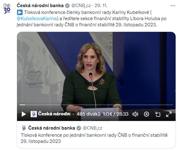 ČNB: Tisková konference členky bankovní rady Kariny Kubelkové a ředitele sekce finanční stability Libora Holuba po jednání bankovní rady ČNB o finanční stabilitě 29. listopadu 2023.