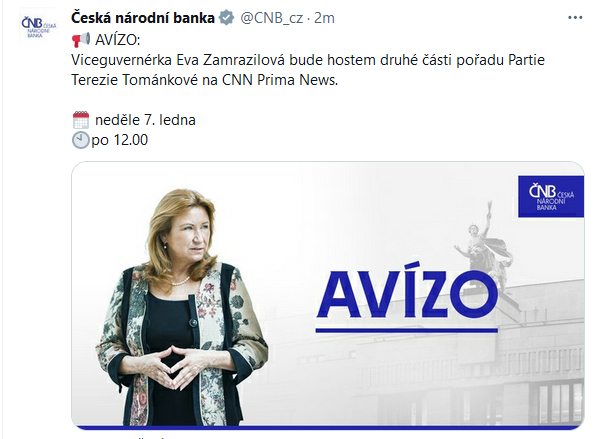 Viceguvernérka Eva Zamrazilová bude hostem druhé části pořadu Partie Terezie Tománkové na CNN Prima News.