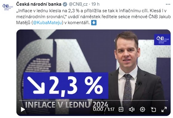 ČNB: Inflace v lednu klesla na 2,3 % a přiblížila se tak k inflačnímu cíli. Klesá i v mezinárodním srovnání, uvádí náměstek ředitele sekce měnové ČNB Jakub Matějů v komentáři.
