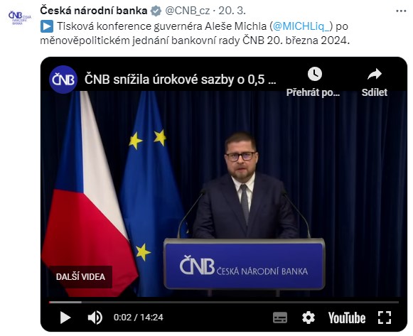 ČNB – Tisková konference guvernéra Aleše Michla po měnověpolitickém jednání bankovní rady ČNB 20. března 2024.