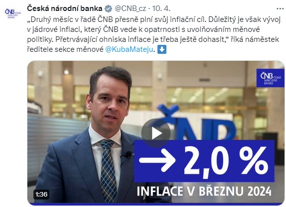 ČNB – Druhý měsíc v řadě ČNB přesně plní svůj inflační cíl. Důležitý je však vývoj v jádrové inflaci, který ČNB vede k opatrnosti s uvolňováním měnové politiky. Přetrvávající ohniska inflace je třeba ještě dohasit, říká náměstek ředitele sekce měnové Jakub Matějů.