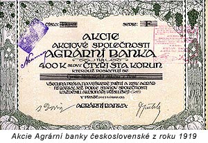 Akcie Agrární banky československé na 400,- Kč z 20. 2. 1919; Kč 400 shares, Agrární banka československá, 20 February 1919