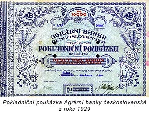 Pokladniční poukázka Agrární banky československé z roku 1929; Kč 10,000 bill, Agrární banka československá, February 1929