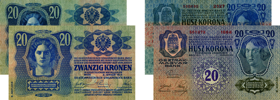 Dvacetikorunová bankovka Rakousko-uherské banky vzoru 1913 prvního (v pozadí) a druhého (v popředí) vydání.