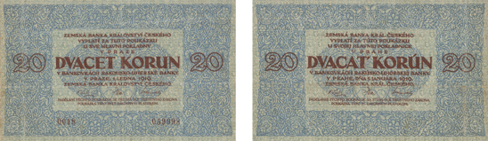 Sériově vyráběný typ dvacetikorunové poukázky Zemské banky království Českého s datem 1. ledna 1919.