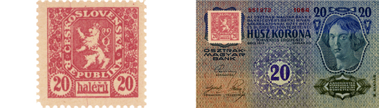 Dvacetihaléřový bankovkový kolek vzoru 1919 a uherská strana dvacetikorunové bankovky Rakousko-uherské banky vzoru 1913