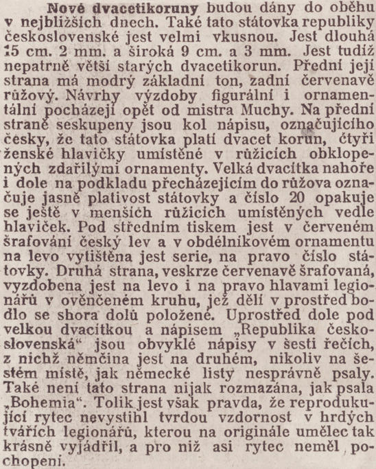 Rozporné reakce na první československou dvacetikorunu v denním tisku.