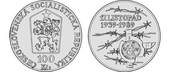Lícní a rubová strana pamětní stříbrné stokoruny k 50. výročí událostí 17. listopadu 1939.