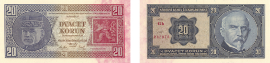 Dvacetikorunová bankovka Národní banky Československé vzoru 1926.