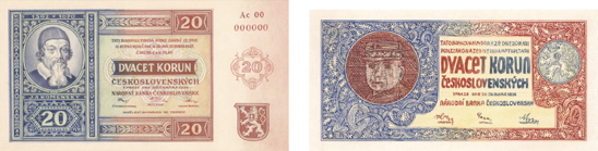Skica, snad studijní práce, bankovky NBČ s ilustračním datem 30. června 1934 a skica, snad pro náhradní emisi, bankovky NBČ s ilustračním datem 20. dubna 1934.