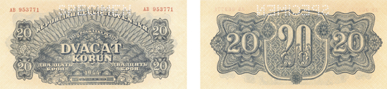 Dvacetikorunová poukázka Československého měnového úřadu vzoru 1944.