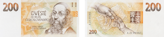 O. Kulhánek, návrh na bankovku 200 Kčs, 1992, tužka, pastelky.