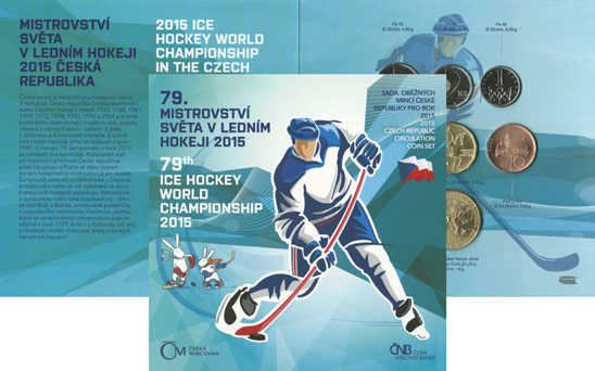 Sada oběžných mincí 2015 v běžné kvalitě s motivem mistrovství světa v ledním hokeji v Praze a Ostravě.
