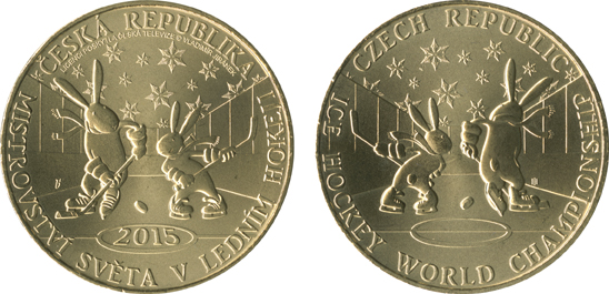 Lícní a rubová strana žetonu ze sady oběžných mincí s motivem mistrovství světa v ledním hokeji 2015.