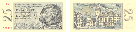Lícní a rubová strana bankovky, vytištěné ve Státní tiskárně cenin v Praze v roce 1958.