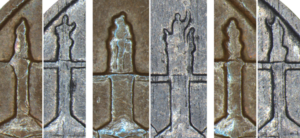 Porovnání tří soch na zdánlivě shodném ztvárnění pilířů Karlova mostu na desetihaléři vzoru 1922 a 1940.