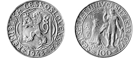 Pamětní stříbrná stokoruna k 600. výročí založení Univerzity Karlovy.
